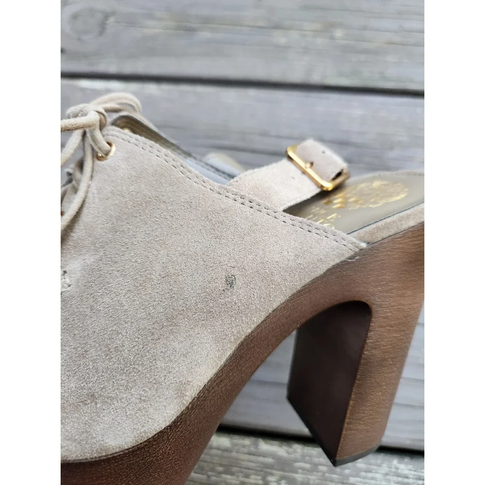 Vince Camuto Inerta Platform Sandals Tan Suede Wood Block‎ Heel Lace Up 8M